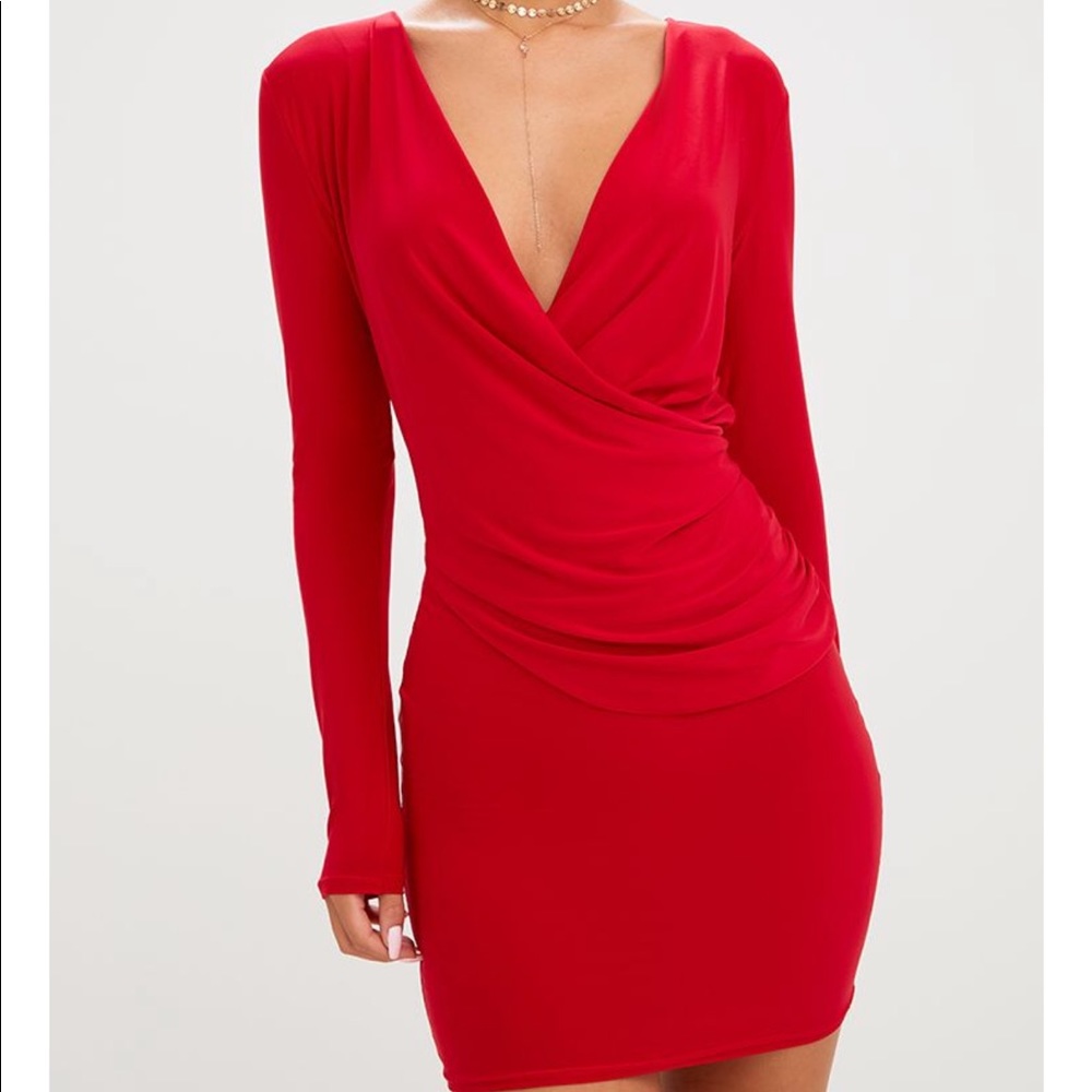 Red Bodycon Ruched Wrap Dress